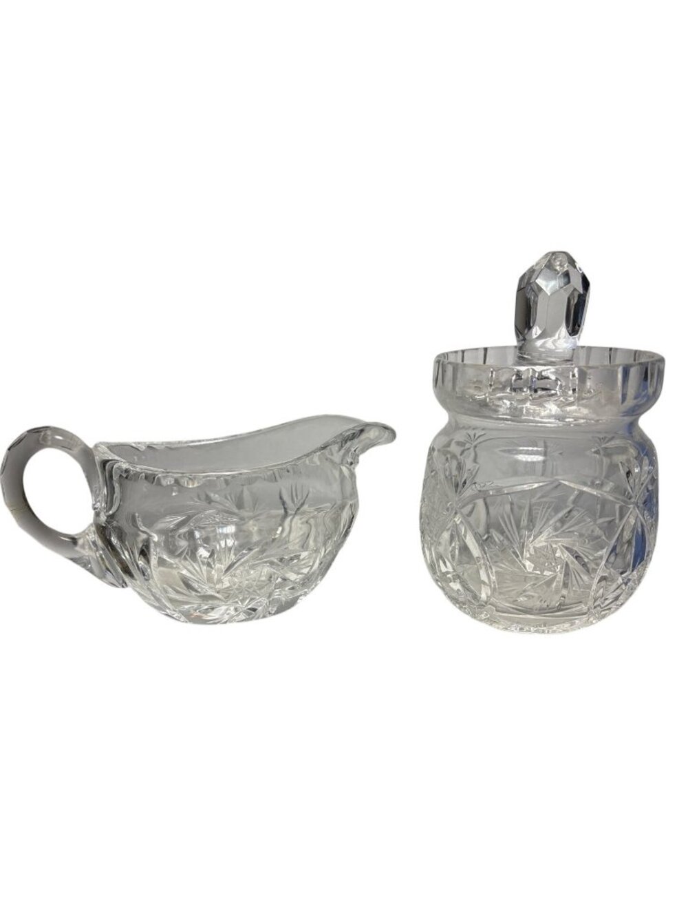 Bohemian Crystal Creamer & Lidded Sugar Dish Pinwheel Starburst Vintage